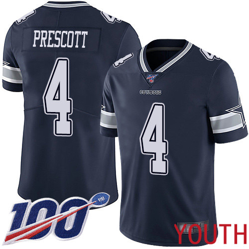 Youth Dallas Cowboys Limited Navy Blue Dak Prescott Home #4 100th Season Vapor Untouchable NFL Jersey